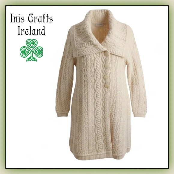 Inis Crafts Chunky Cream Wool Longline Cardigan size - Picture 1 of 15